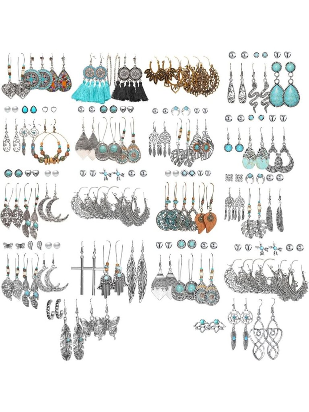 Bohemian Silver Drop Dangle Earrings Set - 90 Pairs Vintage Style Jewelry for